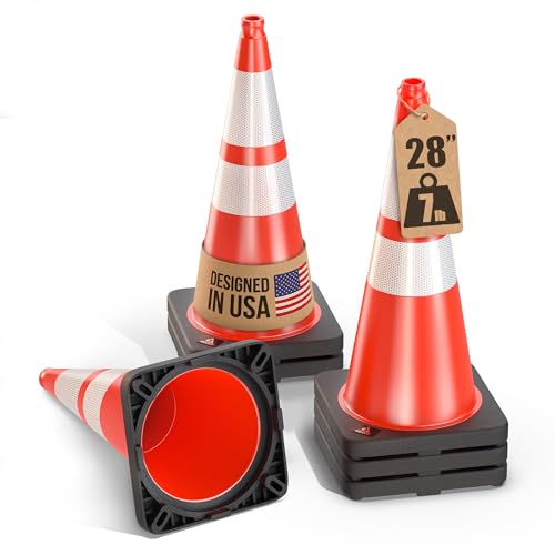 GECCO &trade; (6 Pack) 28 Inch 7 Lb Heavy Duty Orange Traffic Cones Set | Durable Safety Cones, Orange Cones, Parking Cones, Construction Cones, Road Cones | PVC Plastic & Black Base - [PRO Series]