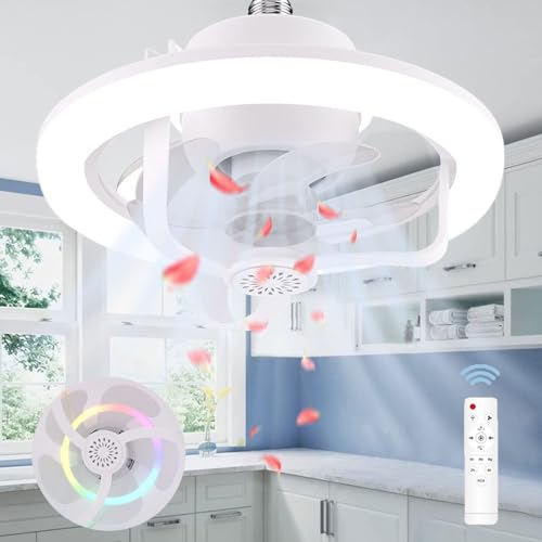 Ventilador de techo con luz e27,Lampara ventilador techo silencioso,Ventilador de techo con luz led rgb,Ventilador de Techo con iluminación de 16 Colores, 3 Velocidades,Timable, Rotación de 360°