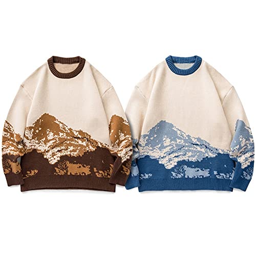 Heren truien - Heren Hip Hop Streetwear Harajuku trui Vintage Japanse stijl sneeuw berg gebreide trui Winter casual pullover gebreid kledingstuk, Bruin, M