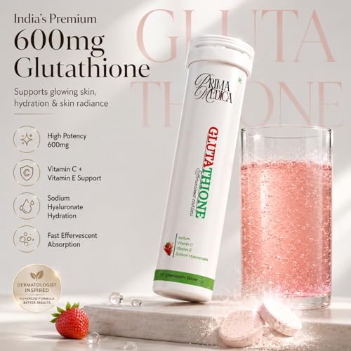 Image of PrimaMedica Glutathione 600mg Effervescent Tablets | Vitamin C, E & Sodium Hyaluronate | Skin Glow & Skin Health Support | Antioxidant Supplement for Men & Women | Strawberry Flavour | 15 Tablets