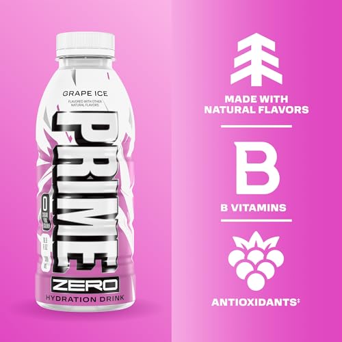Image of PRIME ZERO GRAPE ICE, Sugar Free Sports Drinks, Electrolyte Enhanced to Replenish Fluids, B Vitamins, Antioxidants, Low Calorie, Made with Natural Flavors, 16.9 Fl Oz 12 Pack