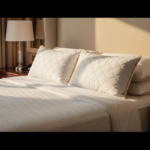 Image of Premium Quilted Microfiber Pillow Set of 2 for Sleeping | 3D Virgin Fiber Filled | Soft Neck Support Bed Pillow with Edge Piping | Mustard Yellow, 17x27 Inch