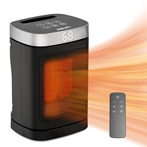 Small Portable Space Heater for Indoor Use – with 70°Rotating Feature, JIBUFI 1500W PTC Electric Heater, Rapid and Safe Heating, Remote Control, 1-12 Hr Timer for Bedroom, Office, etc, Silver