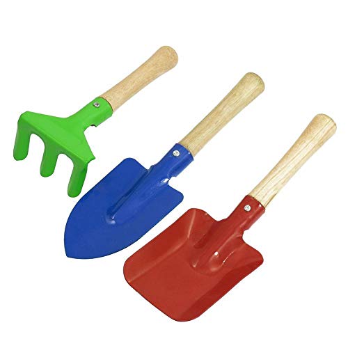 OGAWOO 1Set Beige Wooden Handle Blue Trowel Green Rake Red Shovel Garden Patio Tools Set Garden Tools Set,1