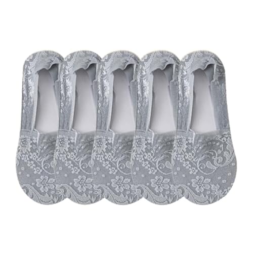 KIASRZN New Women's Lace Flower Cotton Bottom Invisible Socks,Women's No Show Lace Low Cut Socks (5 Pairs Gray,One Size)