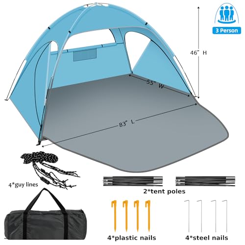 Beach-Tent-Sun-Shelter-Beach-Shade-Tent-with-UPF-50-UV-Protection-for-2-3-Person-Portable-Easy-Setup-Cabana-Beach-Tent-3-Roll-Up-Doors-8mm-Fiberglass-Rods-Carry-Bag-Included