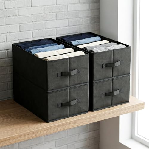 Image of Foldable Fabric Storage Bins with Handles - Collapsible Closet Organizer Boxes for Clothes, Jeans & T-Shirts - Stackable Shelf Drawer Organizers for Bedroom, Wardrobe & Home Storage (Black, Pack Of 4)
