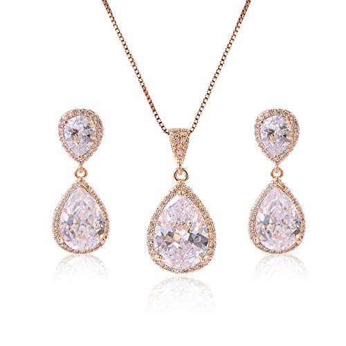 Crystal Jewelry Set For Women - Gold Pear-Shape Sterling Silver Full Teardrop Cubic Zirconia Bridal Pendant Necklace Dangle Earrings Set For Prom Party Wedding Jewelry Set For Bride Bridesmaids #TOP6
