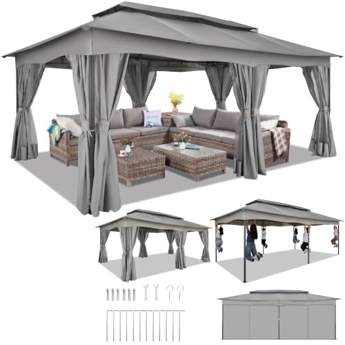 Image of COBIZI 12x20 FT Gazebo Outdoor with Curtains, Heavy Duty Soft Top Gazebo Canopy with Double Roof, Large Metal Frame Gazebos for Patio, Backyard and Deck (Gray)