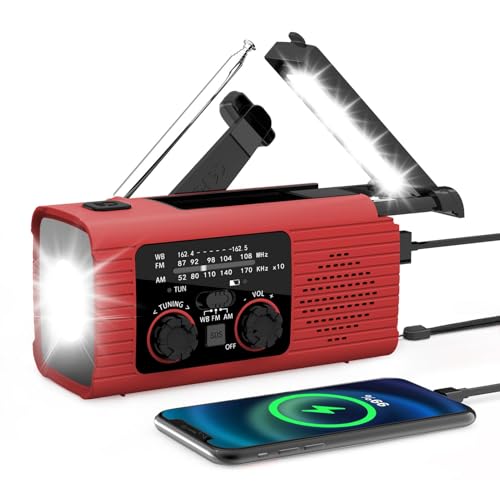 Radio de manivela,Radio de manivela de energía Solar,Radio Am/FM/NOAA con Pilas | Radio Linterna de 3 vías de Carga SOS Alarma Radio Banco de energía para Viajes Largos Viajes por Carretera
