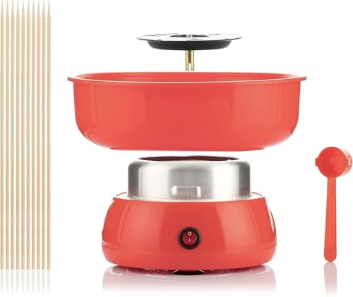 Zuckerwattemaschine für zu Hause – Gerät für Zuckerwatte für zu Hause – gewöhnlicher Zucker oder harte Süßigkeiten ohne Zucker – 10 Stäbchen & Messlöffel, nostalgisches Retro-Design – Rot