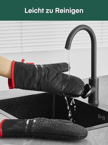 Ofenhandschuhe, hitzebeständige Küchenhandschuhe 300 °C, rutschfeste Silikon-Oberfläche, extra lang, flexibel, Dicke Handschuhe für Küche, Kochen, Backen, Grillen, Rot