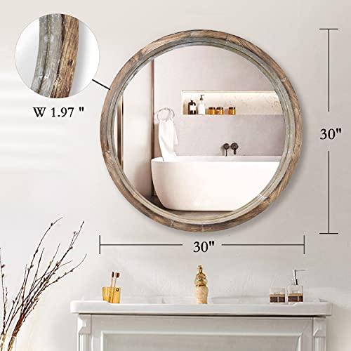 Woocafo Round Mirror With Wood Frame, 30 Inch Wall-Mounted Decorative Rustic Circle Mirror, Farmhouse Style Hanging Wall Mirror For Bathroom Vanity, Entryway, Living Room Or Bedroom. #TOP2