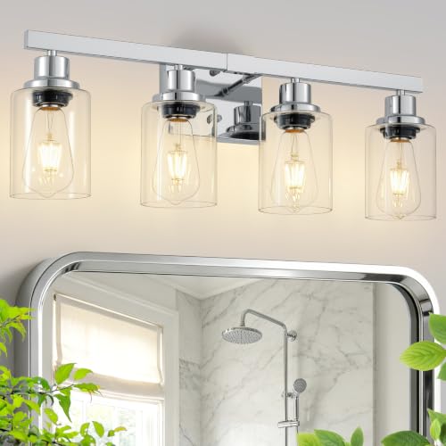 Image of 4-Light Chrome Vanity Lights,24 inch Bathroom Light Fixtures | Modern Polished Chrome Bathroom Lighting over Mirror with Clear Glass Shades,Farmhouse Bathroom Wall Sconece over Sink,E26