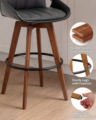Image of AQG Black Bar Stools 26 Inch Counter Height Set of 2 Leather Counter Stools with Backs, Mid Century Modern Swivel Counter Height Stools, Upholstered Barstools Wood Frame for Kitchen Counter