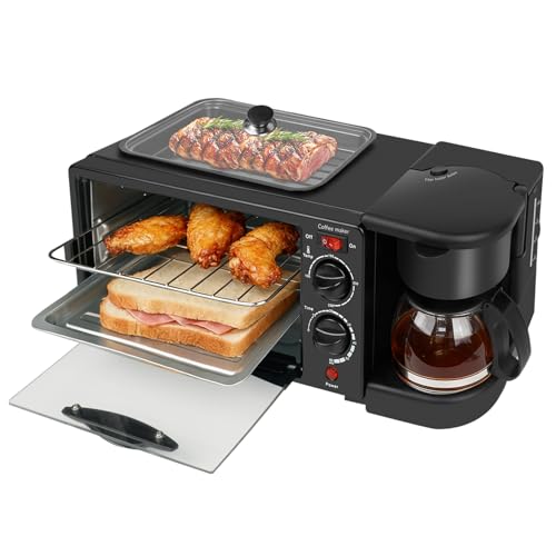 3 in 1 Breakfast Station, 9 Litre Oven Breakfast Maker with Coffee Pot, Toaster Oven Frying Pan with Lid, Timer, Non-Stick Grill Plate for Bread