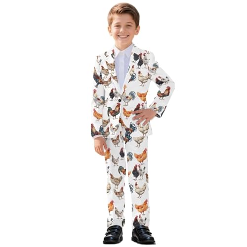 Yewattles Boys Tuxedo Suit Slim Fit Formal Wedding Outfit Suit Double Pockets Elastic Breathable Clothes Kids 2 Piece Blazer Jacket Set Chicken Rooster