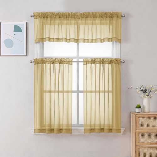 Image of Chyhomenyc Sheer Gold Kitchen Tier Curtains 24 Inch Length Set, Small Window Curtains Treatment for Bathroom /Living Room /Cafe /Basement, Short Voile Curtain Tiers 42in x 24in, Rod Pocket, 2 PCS
