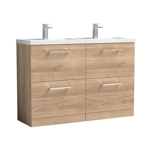 Image of nuie ARN3033C Arno Modern Bathroom Floor Standing 4 Soft Close Drawer Vanity Unit with Polymarble Double Basin, 1200mm, Bleached Oak Woodgrain