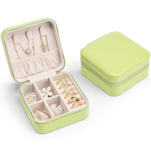 Vlando Small Faux Leather Travel Jewellery Box Organizer Display Storage Case for Rings Earrings Necklace without Mirror,Green B.Necklace Light Green