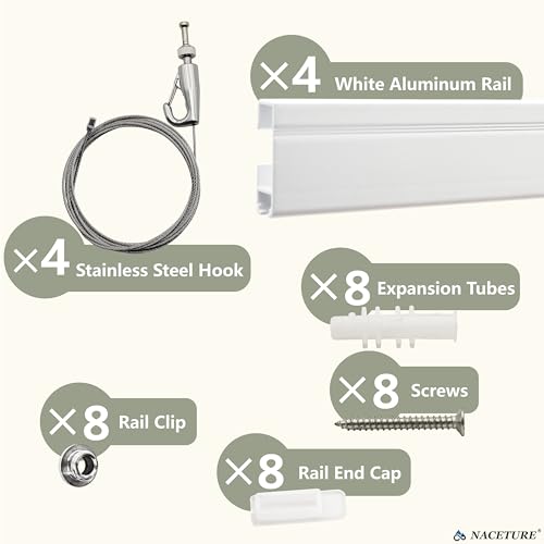 Image of NACETURE Picture Hanging System with Wall Rails, 4 x 24 Inch Art Kit | Includes adjustable wires and hooks for photos, artwork and home decor.