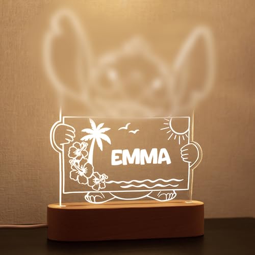 StarMaker Lampe Stitch personnalisée avec prénom gravé - Cadeau enfant Veilleuse Stitch décoration chambre lumineuse LED lampe effet 3D, socle en bois et acrylique – vue 2