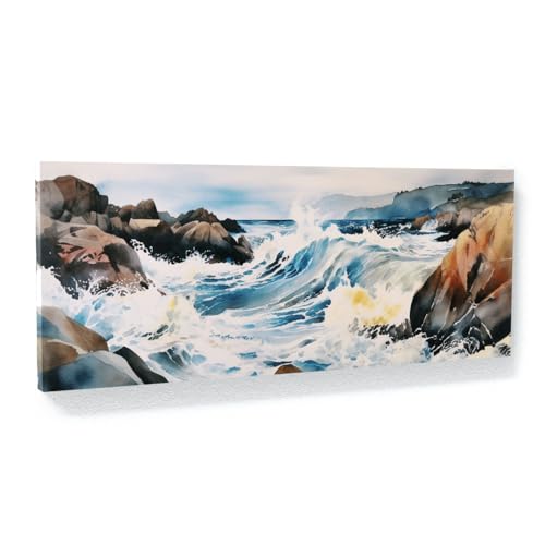 Sense Canvas Lienzo artístico con diseño de acuarela de olas Rocky 24, decoración del hogar, póster de pared, tamaño pequeño, 20 x 8 / 1.5 pulgadas