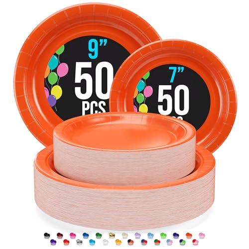 Exquisite Orange Paper Plates Disposable Heavy Duty 100 Pcs - 50-7 & 50-9 Orange Disposable Plates for Party Heavy Duty Paper Plate 350 GSM Birthday Party Supplies Plate Set