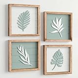 Tide and Tales 3D Sage Green Leaf Botanical Wall Art (Framed Set of 4) – Textured Boho Botanical...