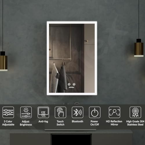 Image of Plantex 304 Stainless Steel Bathroom Mirror Cabinet /Mirror Cabinet for Wash Basin /Bathroom Organiser with Mirror -Chrome (16x24 Inch /LED, Defogger & Bluetooth)