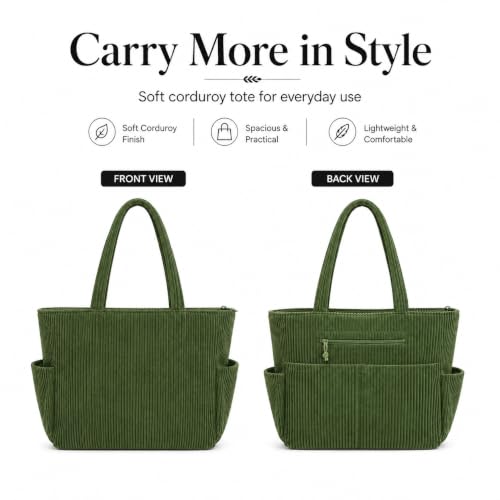 Image of Kawn Korean Tote Bag Aesthetic Corduroy Canvas Handbag for Women Zipper Casual Large Capacity Shoulder Bag with Pockets Versatile Everyday use for College Work Travel & Shopping