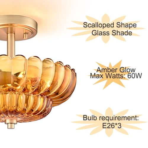 Image of Modern Amber Glass Scalloped 3-Light Flush Mount Ceiling Light Gold Base