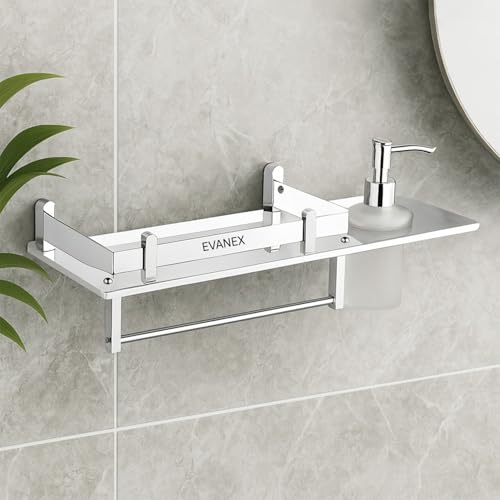 Image of EVANEX Bathroom Shelf | 5x15 Inch 304 Stainless Steel Wall Mount Bathroom Organizer with Towel Hanger, Liquid Soap & Shampoo Dispenser Holder | 3 in 1 Multipurpose Bathroom Rack