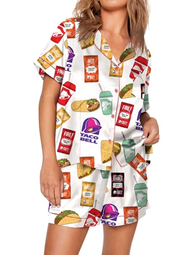 Womens Button Down Pajama Sets Soft Button Down Loungewear 2 Piece Outfits Funny Satin Pjs Shorts Set XXS-XXXL2