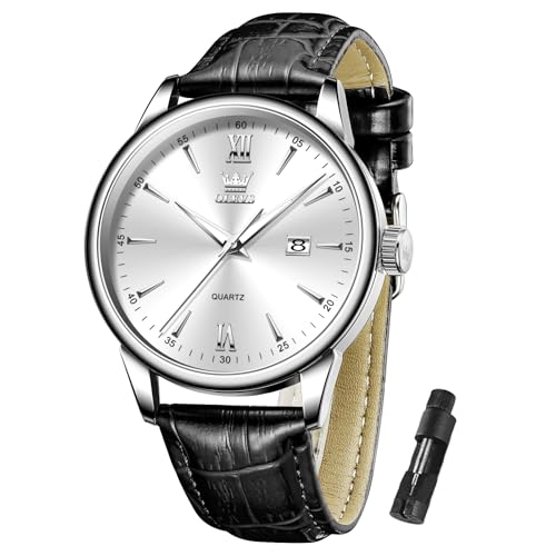 OLEVS Men's Watch Waterproof Quartz Black Leather Strap Wristwatch Simple Classic Dial with Date Business Dress Watch for Men