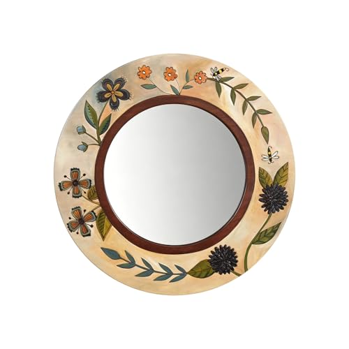 Vintage Hand Painted Round Wall Mirror, Floral Botanical Framed Decorative