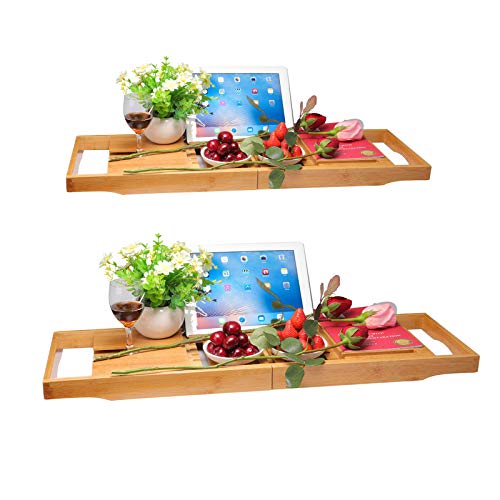 Bamboo Bathtub Tray Value Packs[ 2 - Piece Set ] Wine Rack ipad Holder Wood Bath Tray Bamboo Bath Holder