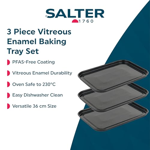 Salter COMBO-9147 Baking Tray Set – 3 Pack, 36 cm Vitreous Enamel Coated Steel Flat Oven Pan, Large Cookie Sheet, Bakeware for Baking/Roasting, PFAS-Free, Dishwasher Safe, Oven Safe to 230°C, Black - Image 3