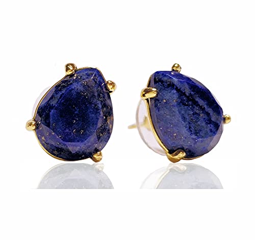 Pear Shape Faceted Lapis Lazuli Stud Earrings — 14K Gold Plated; Genuine Lapis; Hypoallergenic Small Studs Gift for Women (lapis-lazuli)