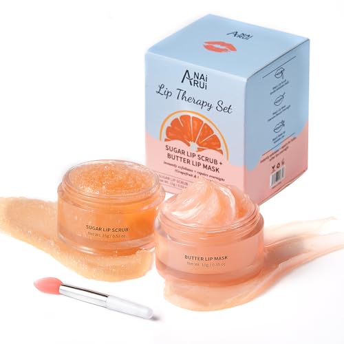 Hydrating Lip Mask & Lip Scrub Set, Lip Overnight Treatment For A Softer & Smoother Pout, Lip Exfoliator Scrub and Moisturizer Set With Grapefruit, Non-Sticky, Vegan & Cruelty-Free