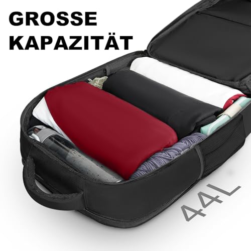 MATEIN Handgepäck Rucksack 55x40x20, Groß Reiserucksack Handgepäck Flugzeug Herren, 44L Laptop Rucksack 18.4 Zoll mit USB Ladeanschluss, Schuhfach, Wasserabweisend Damen für Lufthansa, Schwarz