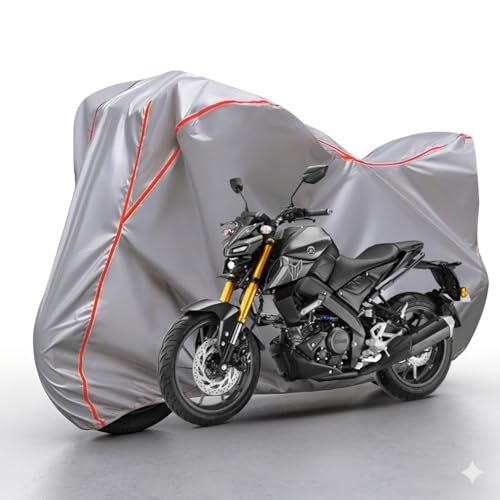 Image of Waterproof Bike Body Cover Compatible with Yamaha Mt-15 Dustproof Scratchproof - Motorcycle Cover for Two Wheeler, Outdoor Full Cover with UV, Duty, Rain Protection (Silver & Red) R1A