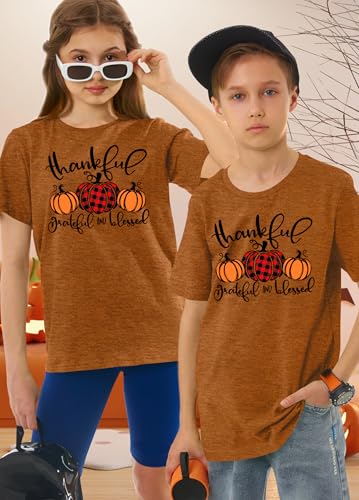 Kids Thanksgiving Shirts for Boy Girl Fall T-Shirt Pumpkin Graphic Thankful Grateful Youth Tee Tops 8-14 Years3