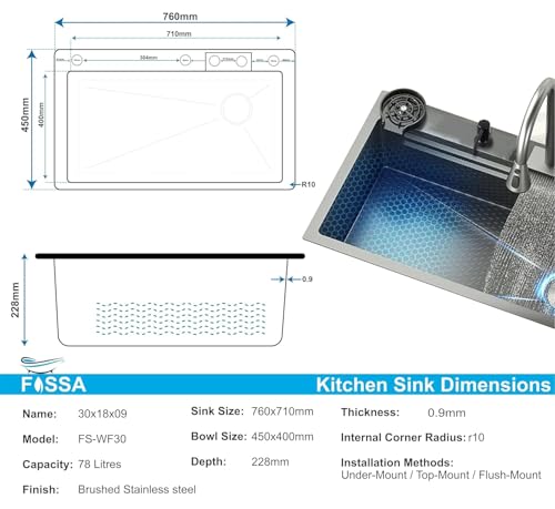 Image of Fossa Smart 30 inchx18 inchx09 inch 5-Year Warranty Single Bowl Waterfall Pure Premium Stainless Steel Kitchen Sink Honeycomb Embossed Sink with Nano Coating, With All Accessories Included. (Black)
