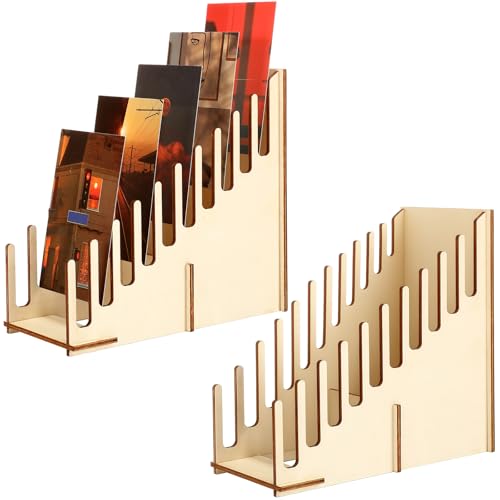 Chunful 2 Pcs Greeting Card Display Stand 10 Slot Wooden Sticker Display Stand Tabletop Postcard Greeting Card Holder Postcard Rack for Brochure Sticker Photo Table Retail Counter Desk Natural Color