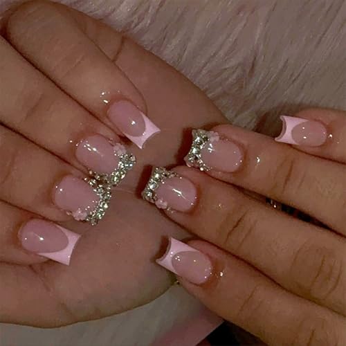 24pcs Pink French Tip Press on Nails Short Fake Nails