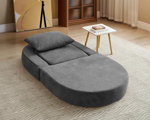 Folding Sofa Bed Chair, 2 in 1 Convertible Sofa to Lounger, High Density Foam Single Floor Sleeper Chair for Living Room, Apartment, Dorm, Small Spaces, Chenille Fabric and Wide Armrest, Grey