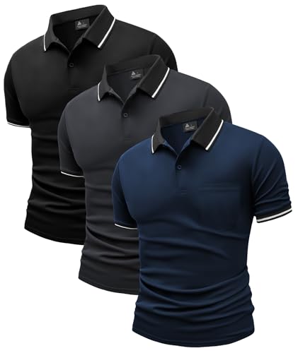JACKETOWN Lot de 3 Polo pour Homme Polo de Golf Manches Courtes Léger T Shirt Travail avec Boutons Printemps été Chemise Respirant