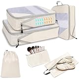 KYOSAMA トラベルポーチ 旅行用圧縮袋 旅行用ポーチ 圧縮バッグ セット スペース節約 50％ 圧縮ポーチ パッキングポーチ トラベルセット 旅行便利グッズ 衣類仕分け 下着収納 防水 大容量 小物入れ（ベージュ，6 点）