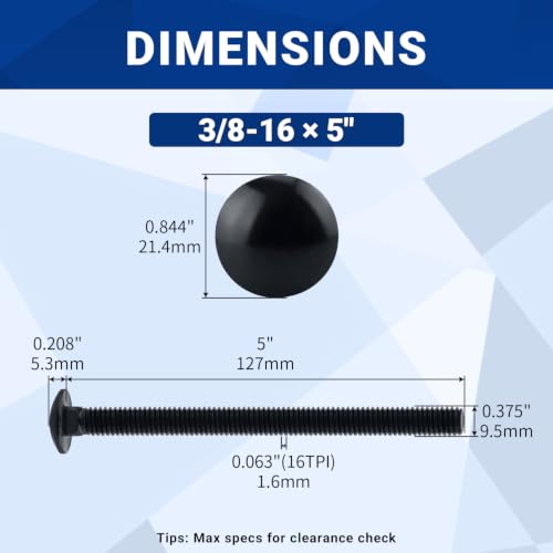Image of 3 /8-16 x 5 Black Carriage Bolts with Nuts and Washers Kits (8 Sets), 304 Stainless Steel 18 /8, Black Finish, Round Head, Square Neck, Heavy Duty Bolts, Indoor Outdoor Fastening Bolts, Fayeploo